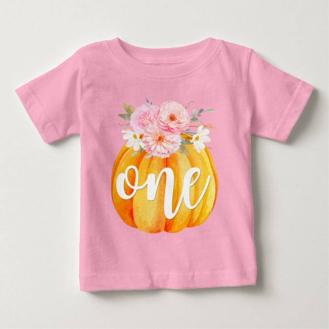 Fall Floral Pumpkin Baby Girl's 1st Birthday ONE T-Shirt (Front)