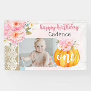 Fall Floral Pumpkin Baby Girl's 1st Birthday Photo Banner