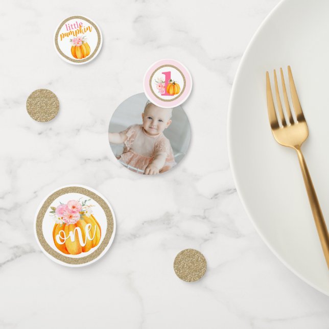 Fall Floral Pumpkin Baby Girl's 1st Birthday Photo Confetti (Group)