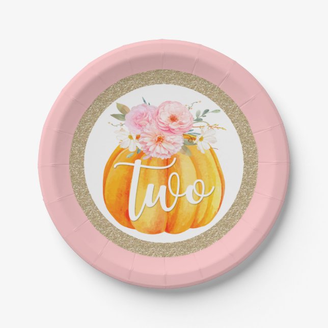 Fall Floral Pumpkin Baby Girl's 2nd Birthday TWO Paper Plate (Front)