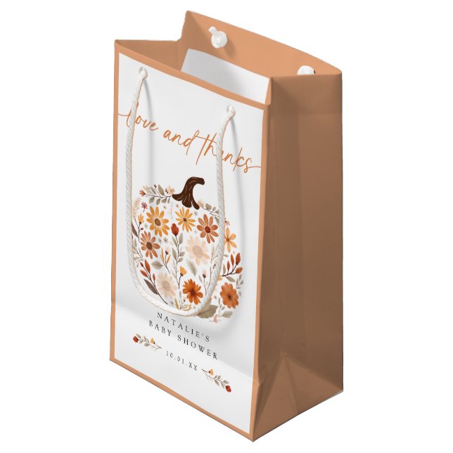 Fall Floral Pumpkin Baby Shower Favour Small Gift Bag (Front Angled)