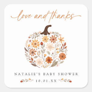 Fall Floral Pumpkin Baby Shower Thank You Square Sticker