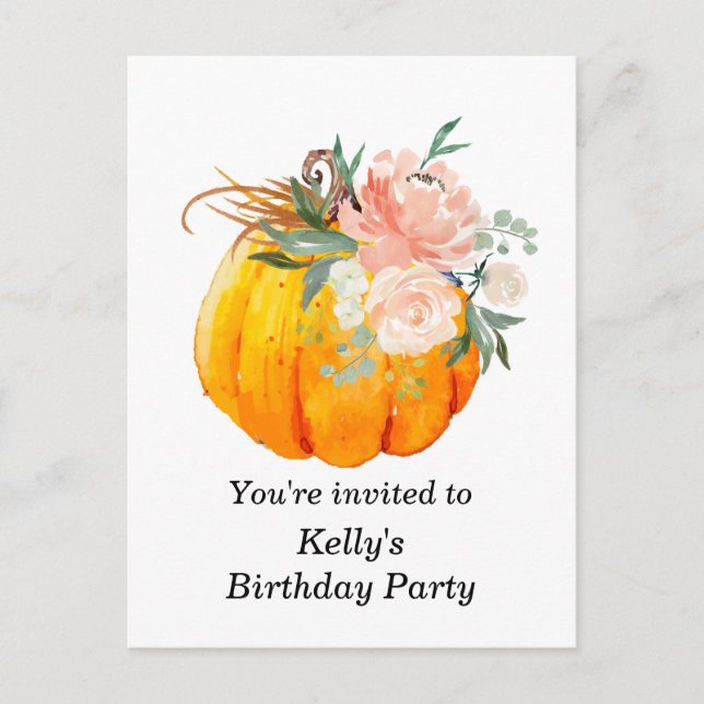 fall, floral, pumpkin birthday invitation postcard (Front)