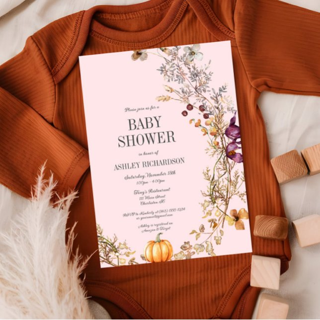 Fall Floral Pumpkin Boho Baby Shower Invitation (Fall Floral Pumpkin Baby Shower Invitation, Pink Baby Girl Shower, Autumn Wildflowers)