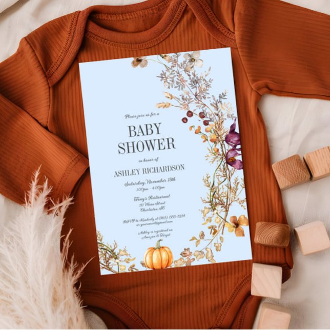 Fall Floral Pumpkin Boho Baby Shower Invitation (Fall Pumpkin Floral Baby Shower Invitation, Baby Blue Shower Invite, Wildflowers, Autumn )