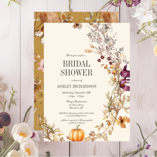 Fall Floral Pumpkin Boho Bridal Shower Invitation (Fall Pumpkin Floral Bridal Shower Invitation, Ivory Bridal Shower Invite, Wildflowers )