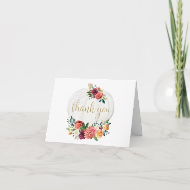 Fall floral pumpkin burgundy gold thank you card (Front)