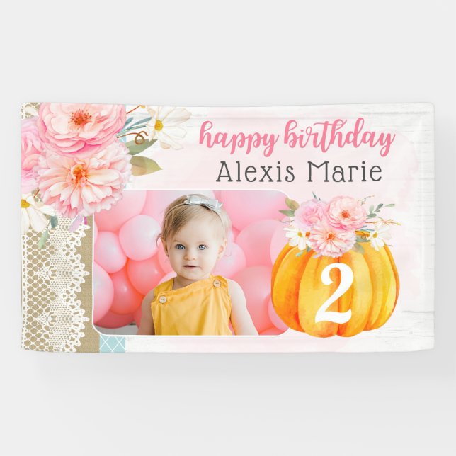 Fall Floral Pumpkin Girl's Custom Birthday Photo Banner (Horizontal)