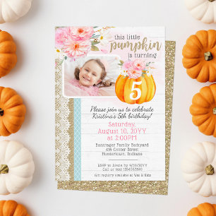 Fall Floral Pumpkin Girl's Custom Birthday Photo Invitation
