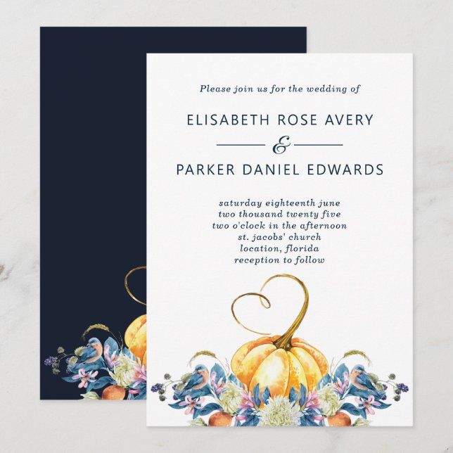 Fall Floral Pumpkin Heart Wedding Invitation (Front/Back)