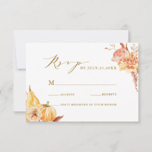 Fall Floral Pumpkin Rustic Wedding Gold Script RSVP Card
