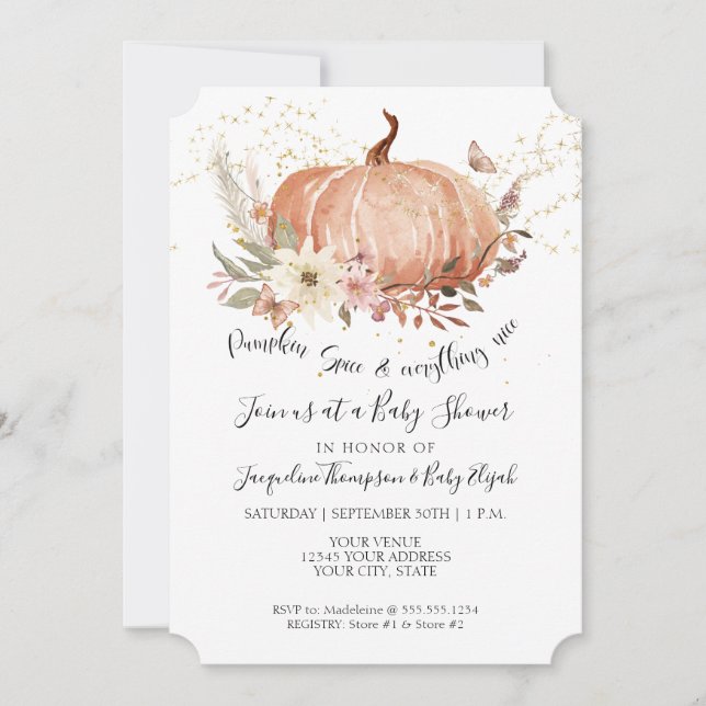 Fall Floral Pumpkin Sage Green Gold Baby Shower Invitation (Front)