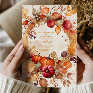 Fall Floral Pumpkin Scrip Wedding Invitation