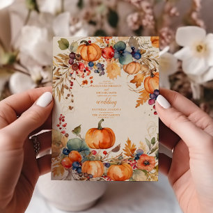 Fall Floral Pumpkin Scrip Wedding Invitation