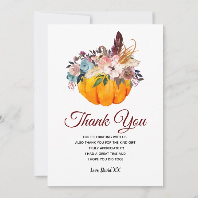 fall, floral, pumpkin thank you card (Front)