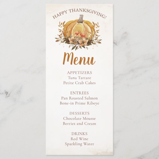 Fall Floral Pumpkin Thanksgiving Dinner Menu (Front)