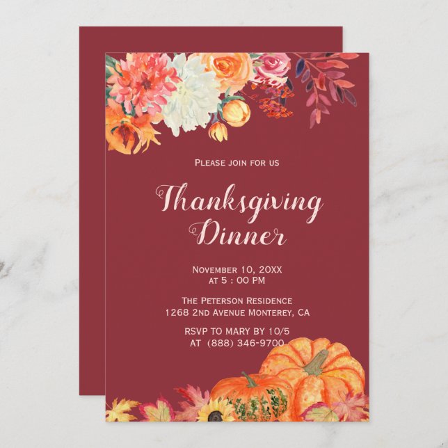 Fall Floral Pumpkin Thanksgiving Invitations (Front/Back)