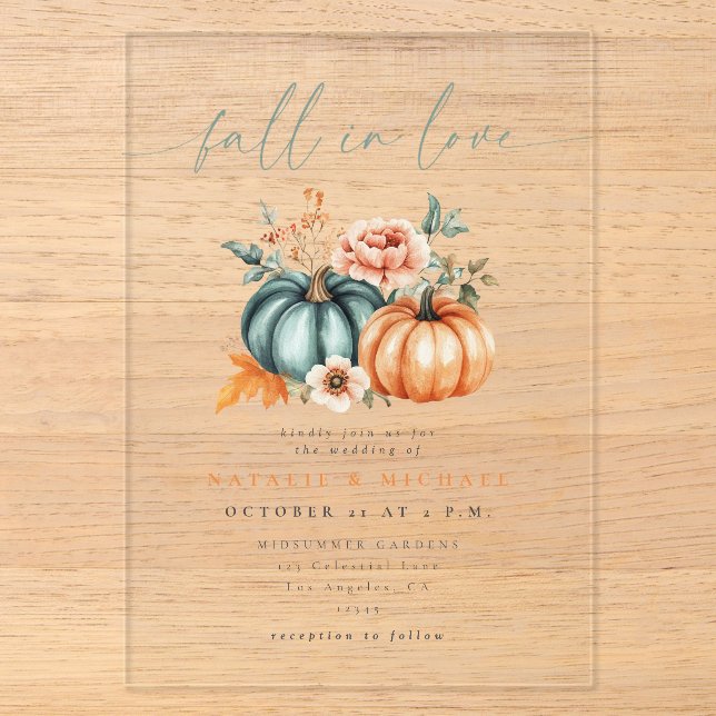 Fall Floral Pumpkin Wedding Acrylic Invitations (Front)