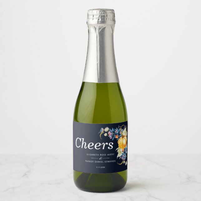 Fall Floral Pumpkin Wedding Custom Sparkling Wine Label (Front)