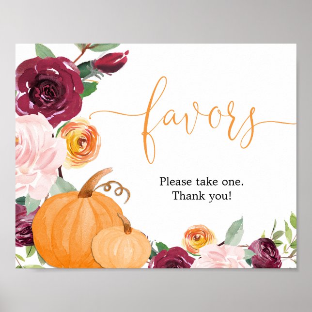 Fall floral pumpkins burgundy blush favours sign (Front)
