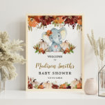 Fall Floral Pumpkins Cute Elephant Baby Shower   Poster<br><div class="desc">Chic Autumn / Fall Floral Elephant Girl Baby Shower welcome sign, featuring a cute baby elephant and watercolor orange and burgundy floral adorned pumpkins. Personalise this gorgeous sign with your party details easily and quickly, simply press the customise it button to further re-arrange and format the style and placement of...</div>