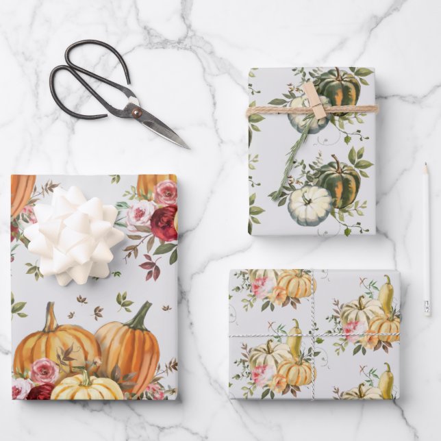 Fall Floral Pumpkins Eucalyptus Leaves Greenery Wrapping Paper Sheet (Front)