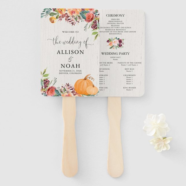 Fall floral pumpkins watercolor wedding programs hand fan (Front and Back)