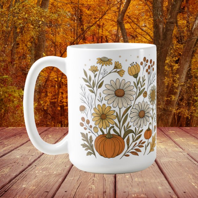 Fall Floral Pumpkins Wildflowers Decor Coffee Mug (Wildflowers and pumpkins Thanksgiving/fall/autumn mug)