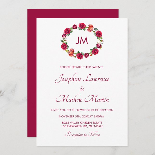 Fall Floral Roses Wreath Monogram Wedding Invitation (Front/Back)