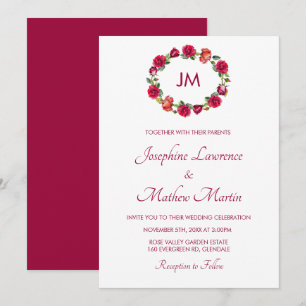 Fall Floral Roses Wreath Monogram Wedding Invitation