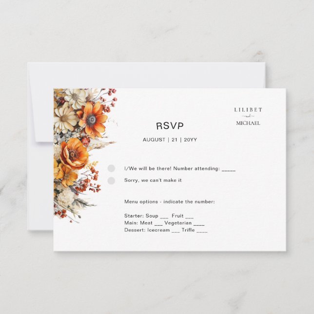 FALL FLORAL RSVP | ORANGE FLOWERS | RUSTIC WEDDING CARD (Front)