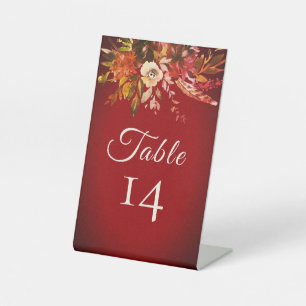 Fall Floral Rustic Red Wedding Table Number Pedestal Sign