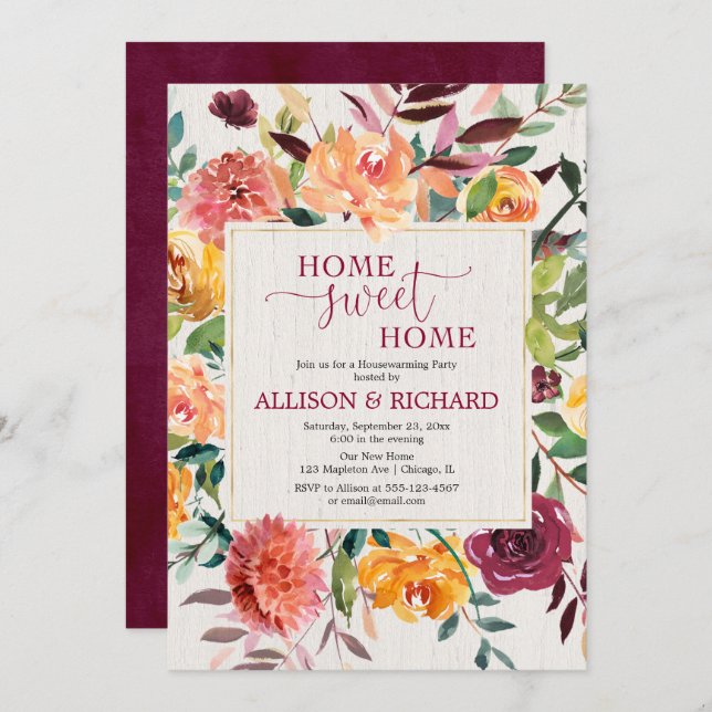 Fall floral rustic watercolors housewarming party invitation (Front/Back)