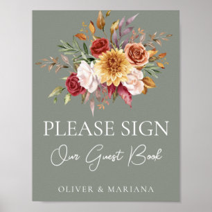 Fall Floral Sage Green Wedding Guest Book Sign