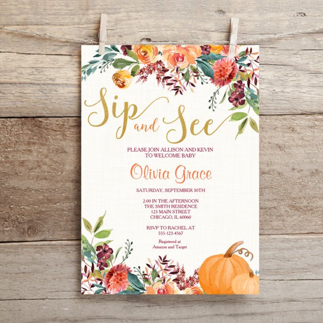Fall floral sip and see meet and greet baby shower invitation (Creator Uploaded)