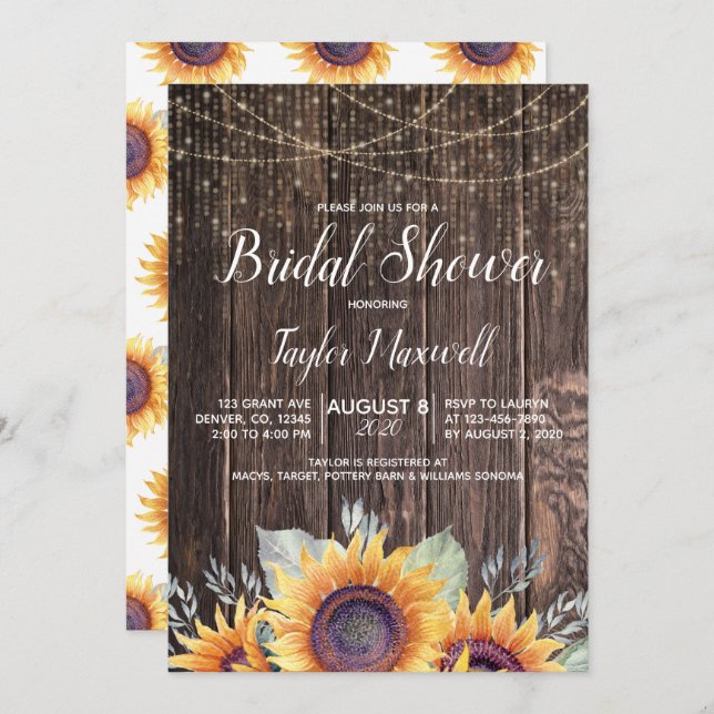 Fall floral sunflower rustic wood bridal shower invitation (Front/Back)