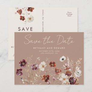 Fall Floral Taupe Wedding Save the Date Postcard