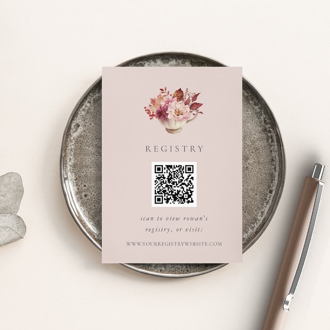 Fall Floral Teacup Bridal Shower Registry QR Code Enclosure Card (Creator Uploaded)