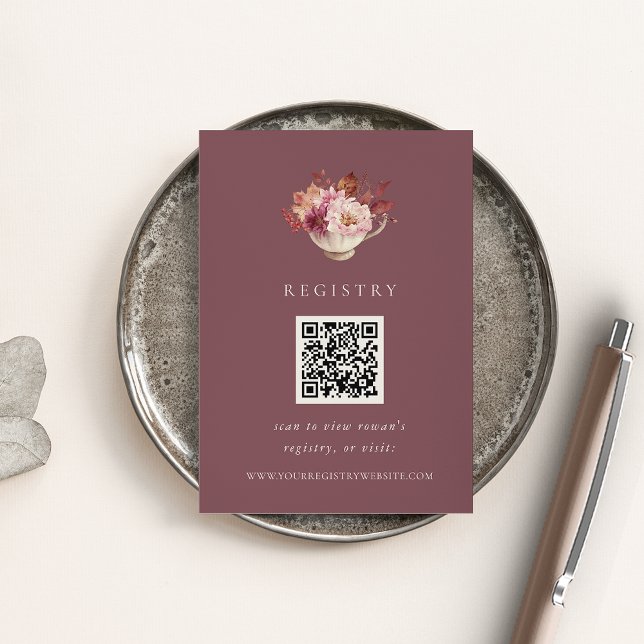 Fall Floral Teacup Bridal Shower Registry QR Code Enclosure Card (Creator Uploaded)