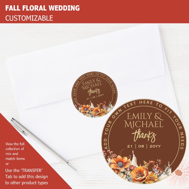 FALL FLORAL THANK YOU FAVOR GIFT ENVELOPE CUSTOM   CLASSIC ROUND STICKER (Creator Uploaded)