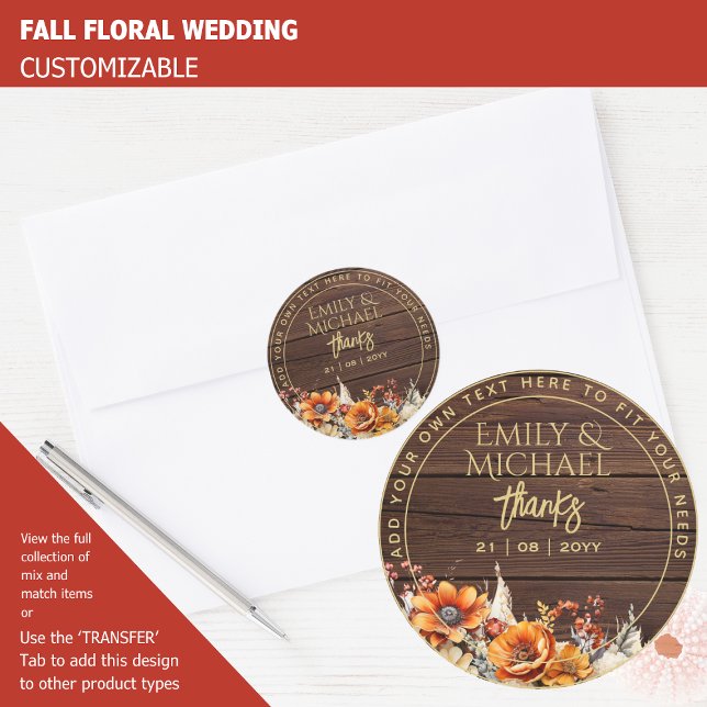 FALL FLORAL THANK YOU FAVOR GIFT ENVELOPE CUSTOM   CLASSIC ROUND STICKER (Creator Uploaded)