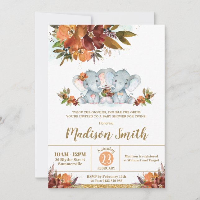 Fall Floral Twins Boy Girl Elephants Baby Shower  Invitation (Front)