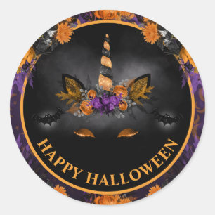 Fall Floral Unicorn Face Happy Halloween Classic Round Sticker
