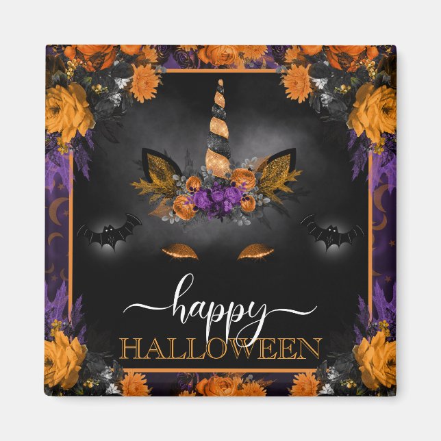Fall Floral Unicorn Face Happy Halloween Magnet (Front)