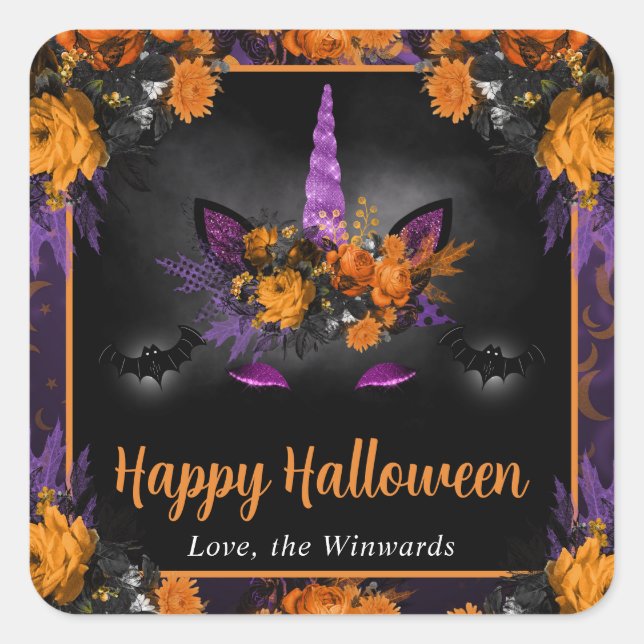 Fall Floral Unicorn Face Happy Halloween Square Sticker (Front)