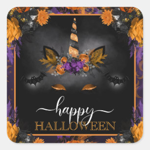 Fall Floral Unicorn Face Happy Halloween Square Sticker
