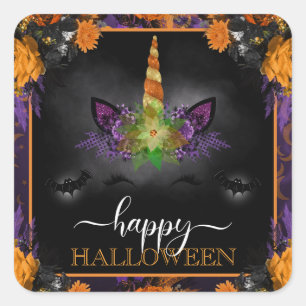 Fall Floral Unicorn Face Happy Halloween Square Sticker