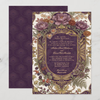 Fall Floral Vintage Art Nouveau Purple Shield Invitation