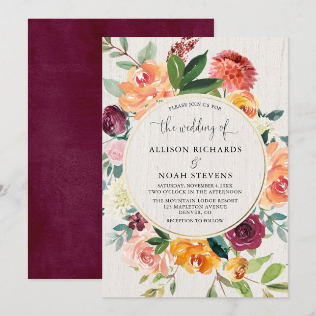 Fall floral watercolor burgundy rustic wedding invitation (Front/Back)