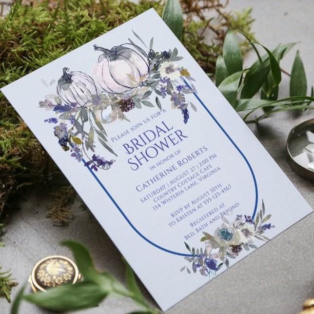 Fall Floral Watercolor Pumpkin Blue Bridal Shower  Invitation (Creator Uploaded)
